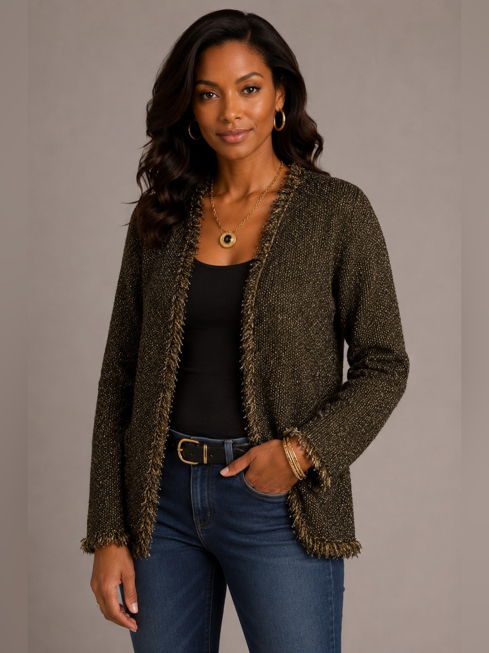 INC International concepts wool cashmere metallic gold tinsel knit
Cardigan XL